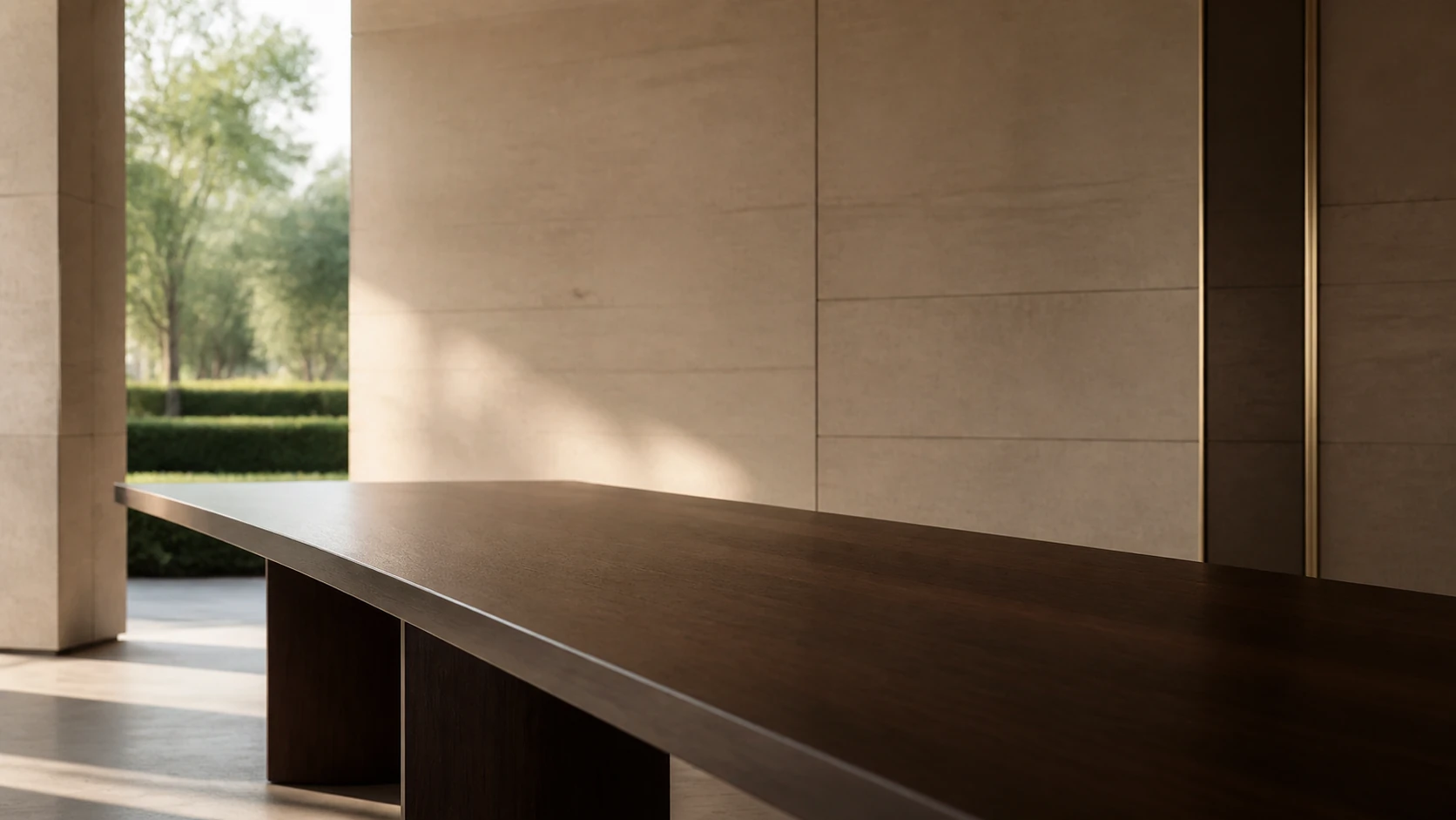 A restrained advisory table opens toward a quiet private garden.