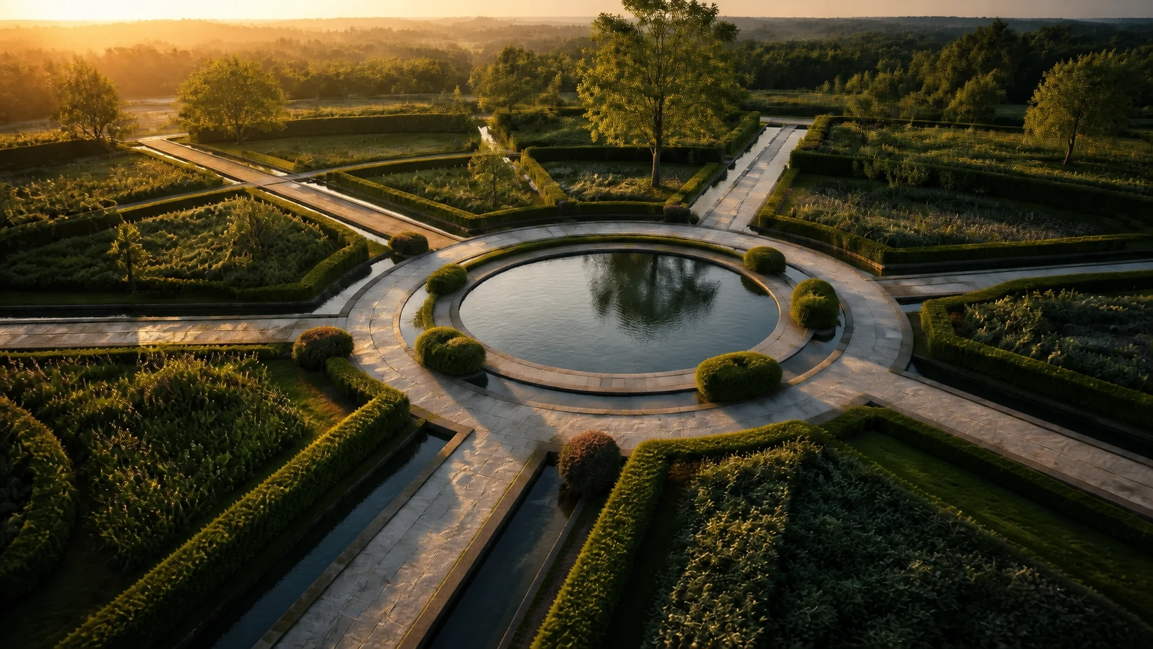 Sunlit garden paths converge around one calm reflecting pool.