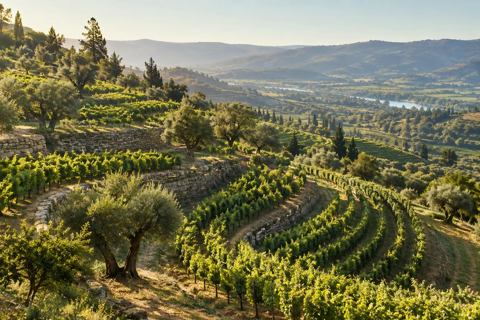 Sunlit vineyard and olive terraces follow the contours of a broad valley.
