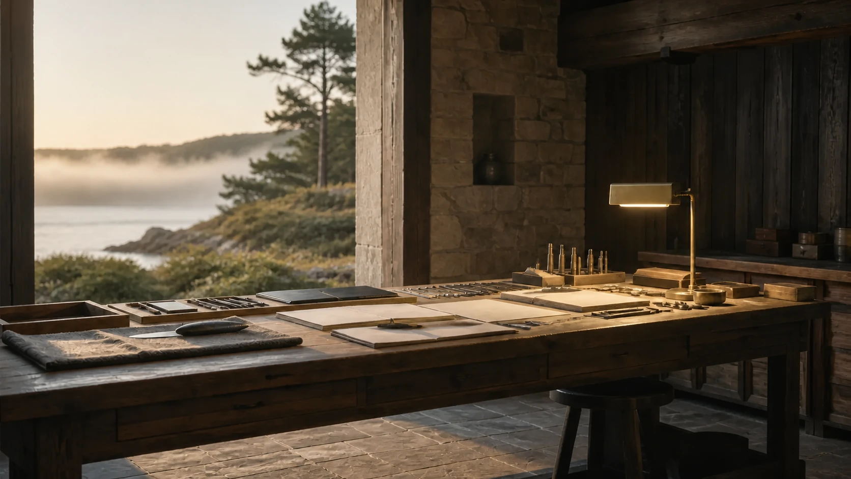 A meticulously prepared craft table waits beside quiet water in soft morning light.