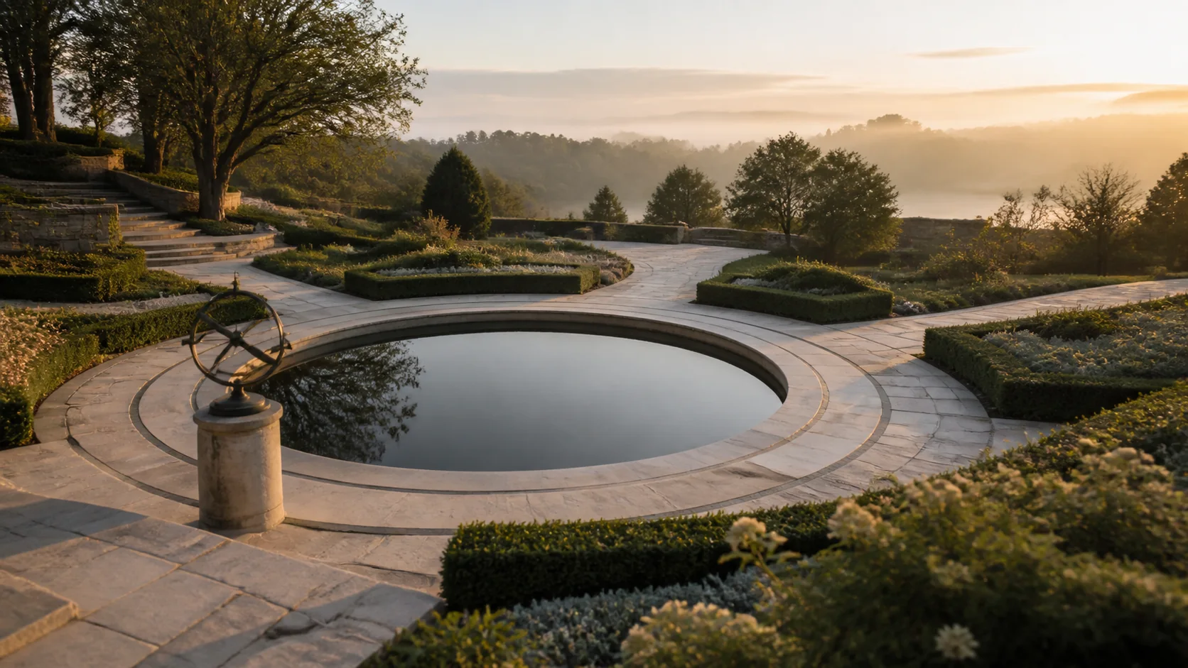 A formal garden brings several paths together around one calm reflecting pool.