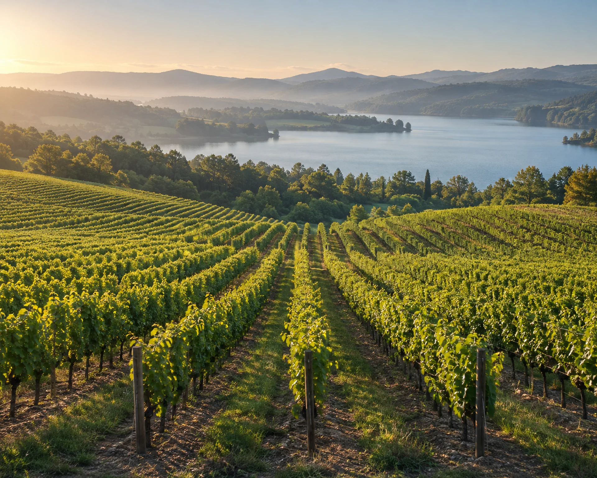 Precisely ordered vineyard rows descending toward a calm lake at sunrise