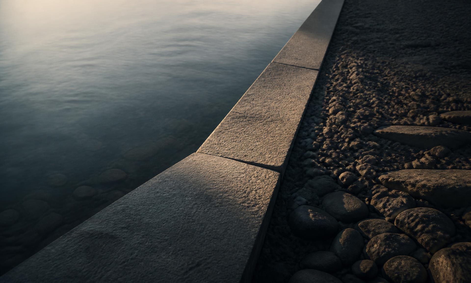 Low sun crossing a stone threshold where quiet water meets the shore