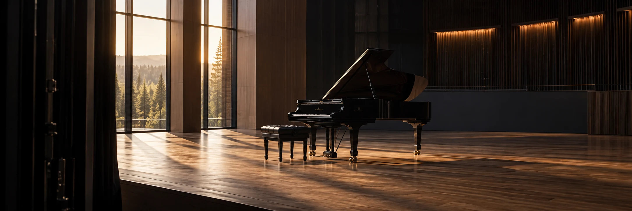 A concert grand piano stands on a quiet sunlit stage beside woodland windows.