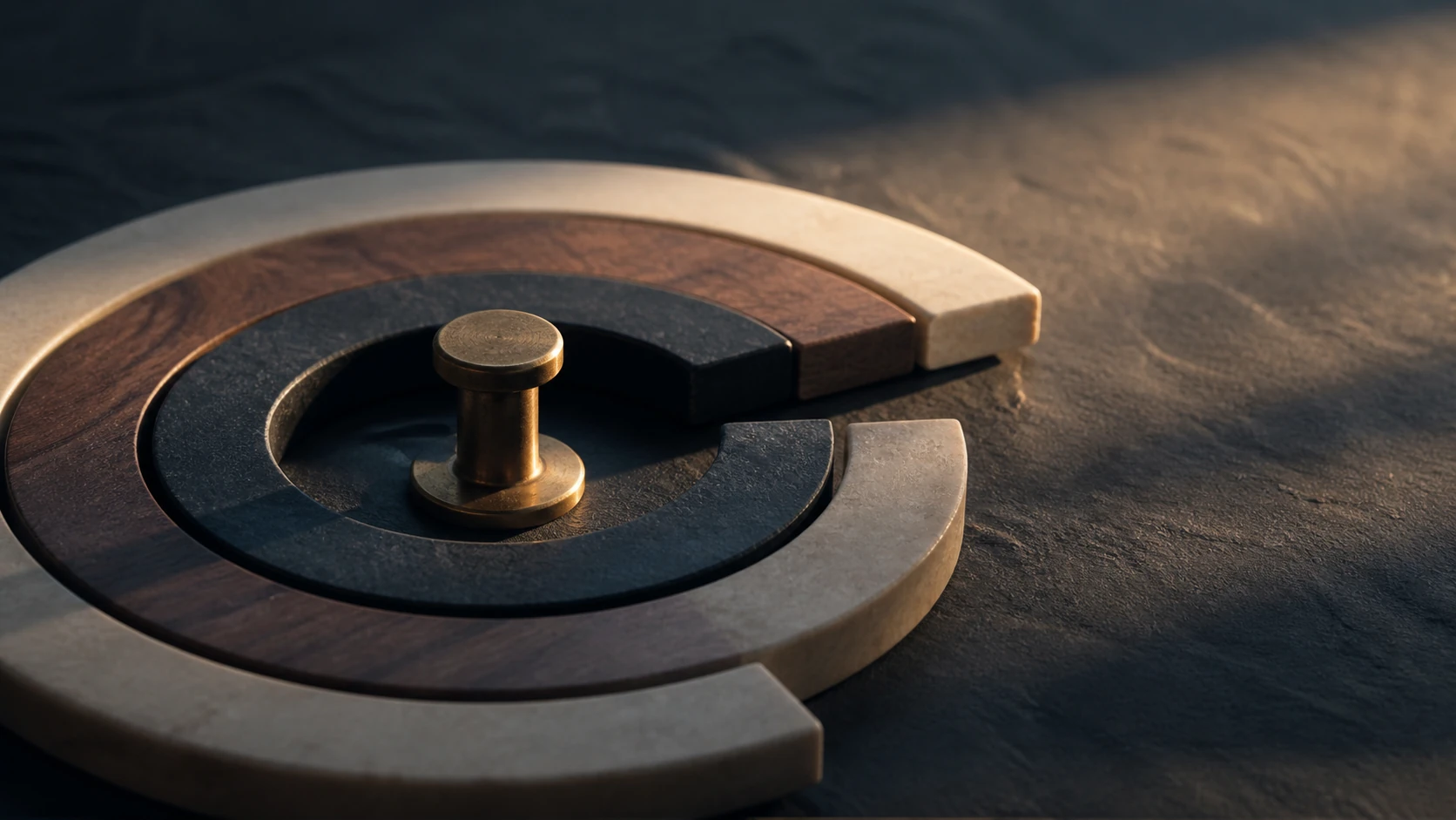 A precise brass pivot joins restrained stone and dark wood surfaces.