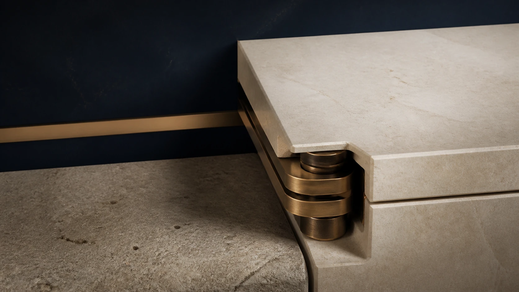 A bronze hinge joins two quiet limestone planes.