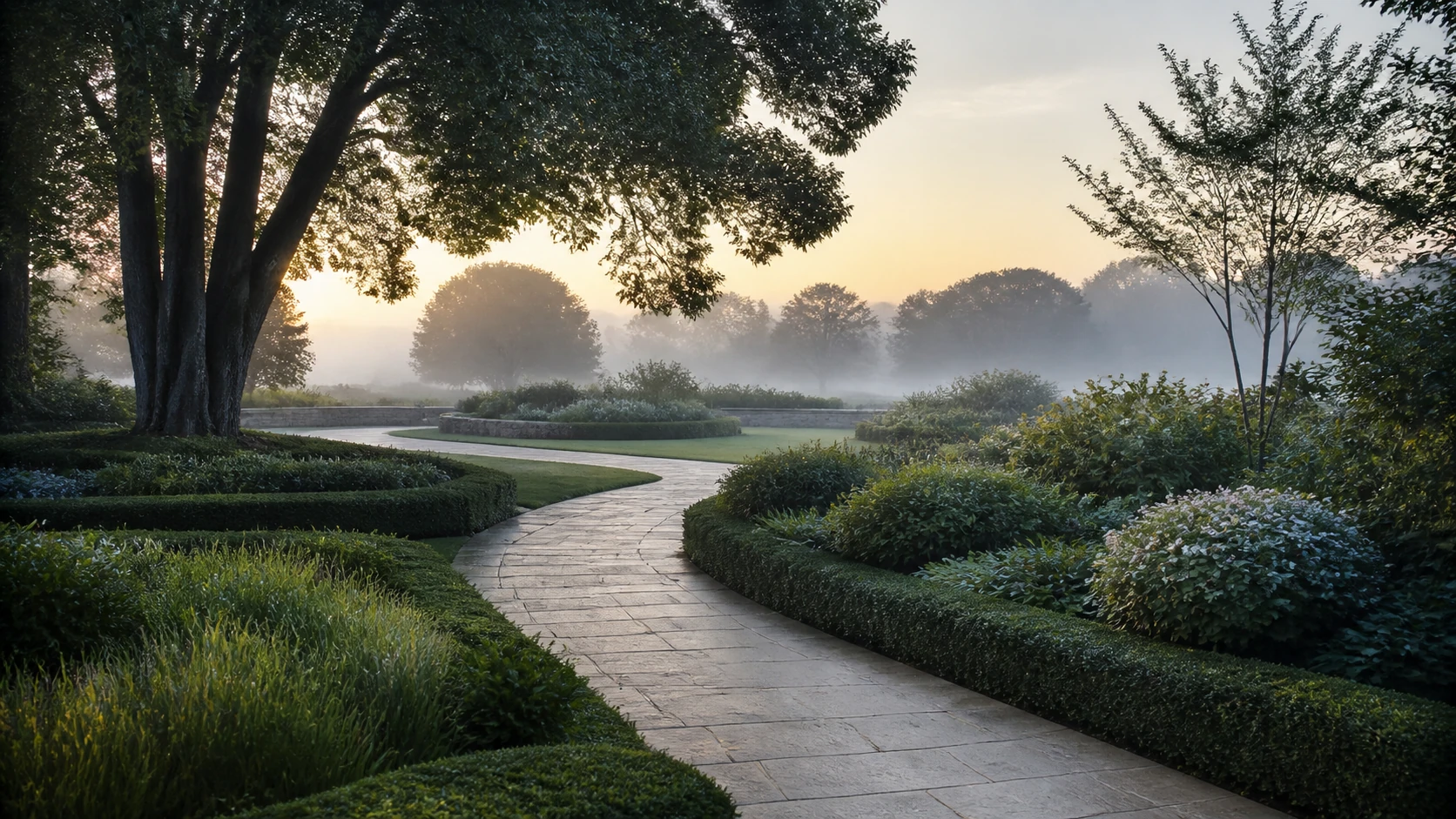 A broad garden path moves through calm morning mist and mature planting.