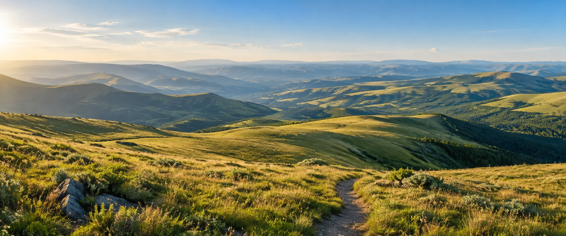 Sunlit high-country meadows open toward a wide horizon and distant ridgelines.