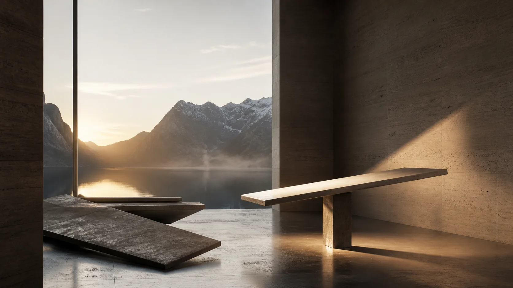Precisely balanced stone planes are revealed by warm light beside a quiet alpine lake.