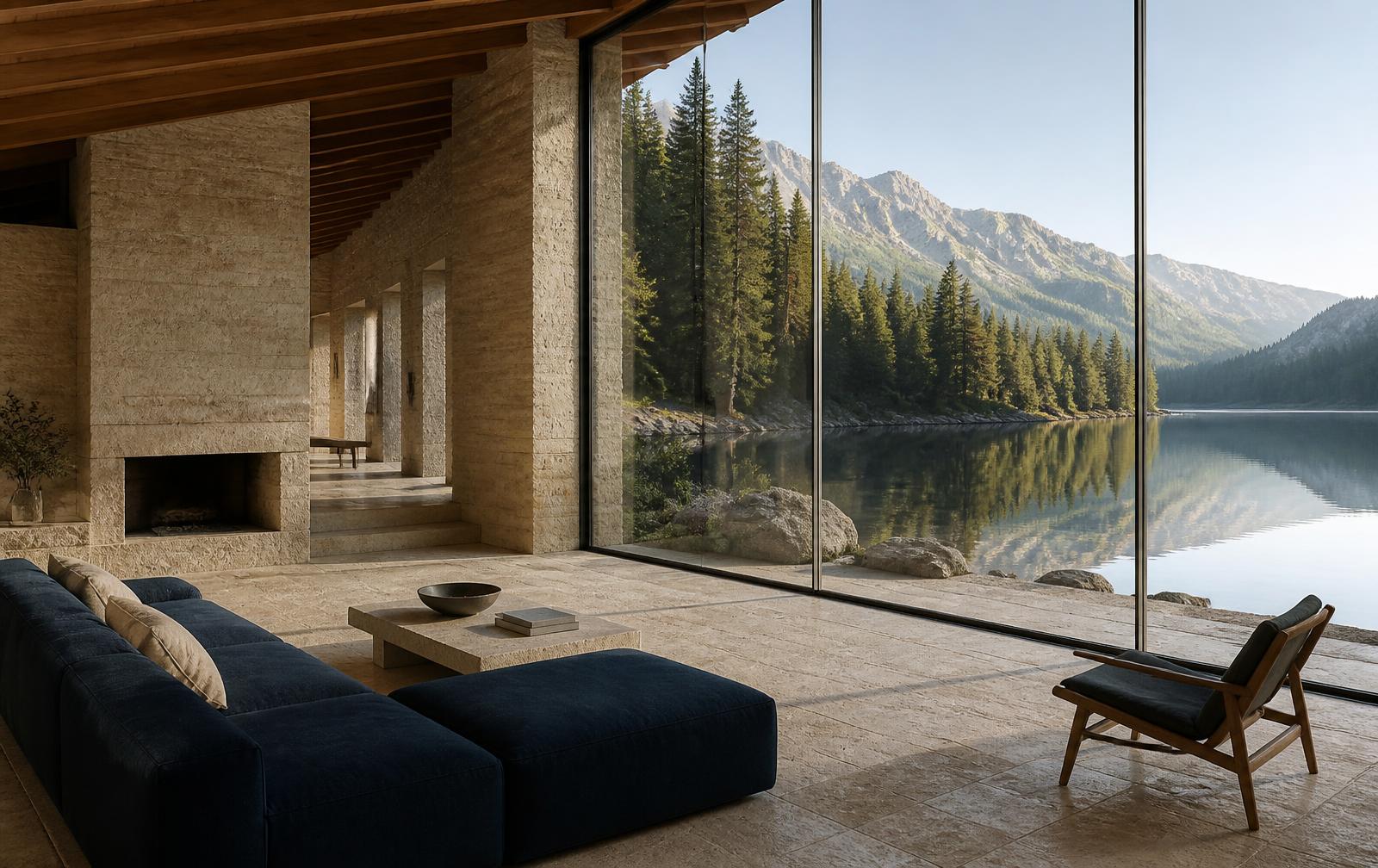 A quiet stone and timber room opening onto a still alpine lake in morning light